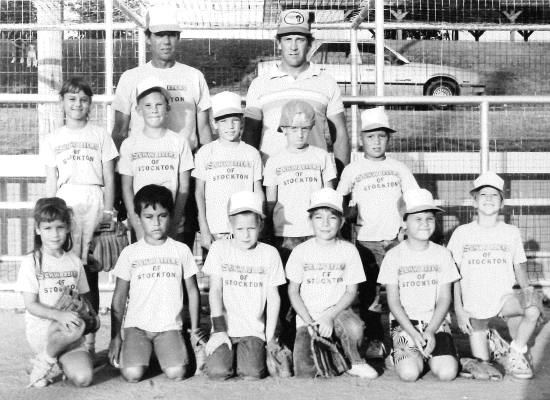 SCHWALLER LUMBER COMPANY sponsored Team No. 4 in the 1989 Midget League. Pictured are (front row, from left): Miranda Dix, Harold Ritchie, Ryan Bachman, Shannon Lowry, Tim Kriley, Dustin Lowry; (middle row) Tara Cikanek, Zane Meehan, Rane Waddell, Joshua Post, Thomas Yakish; and (back row) coaches Pat Waddell and Kelly Post.