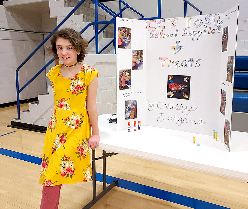 CHRISSY JURGENS (Stockton) had for her business concept, “CC’s Tasty School Supplies & Treats.” Chrissy was one of the students in Mrs. Laura Moffet’s seventh grade class who participated in the contest.