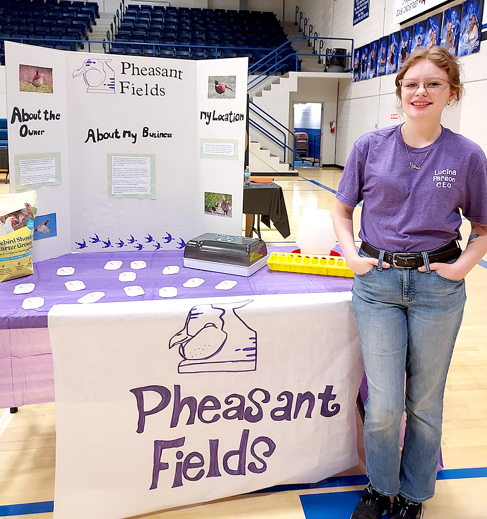 "PHEASANT FIELDS" was the business concept of Lucina Parson (Palco) at the Rooks County YEC. Parson plans on hatching pheasant eggs and then selling the birds to area farmers. 