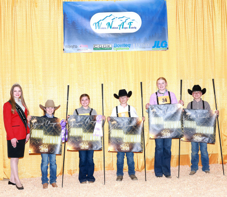 THESE JUNIOR MEMBERS won top honors in junior B showmanship at the 2024 Western Regional Junior Angus Show, April 12 in Reno, Nev. Pictured from left are Miss American Angus Lauren Wolter, presenting; Eli Atkisson, Stockton, Kan., champion; Daci Couch, Grass Valley, Calif., reserve champion; Lane Toledo, Visalia, Calif., third place; Hadlee Hanson, Ellensburg, Wash., fourth place; and Gunnar Gohr, Madras, Ore., fifth place. (Photo by Next Level Images)