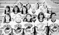 THE STOCKTON SEVENTH-GRADE TRACK TEAM in 1991 consisted of (front row, from left): Jana Weidenhaft, Amy Kriley, Monica Lowry, Raina Jakoplic, Sandy Corcoran; (middle row) Jessica McDonald, Robyn Chesney, Jessica Kriley, Denae Denio, Amber Rogers, Hester Wood; (back row) Erin Schimtz, Arin Lewin, Hannah Wood, and Jessica Pulec.